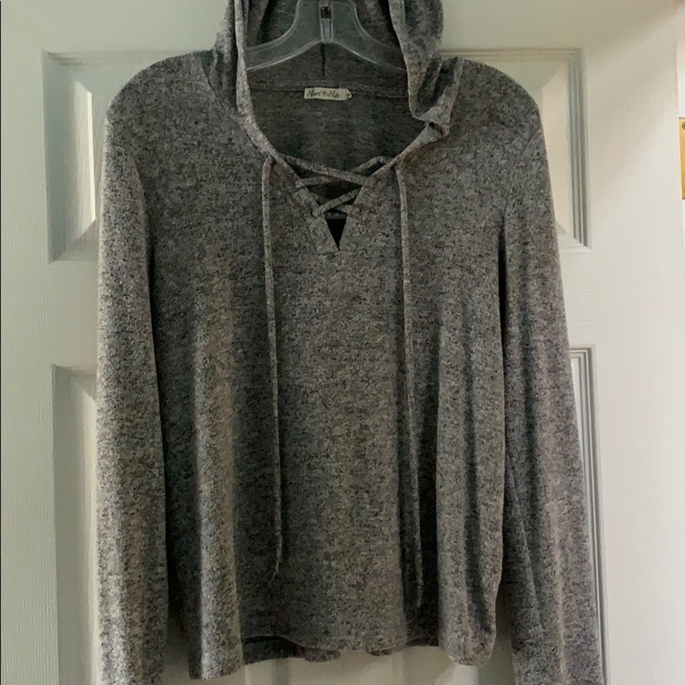 grey fuzzy sweatshirt with chris cross ties